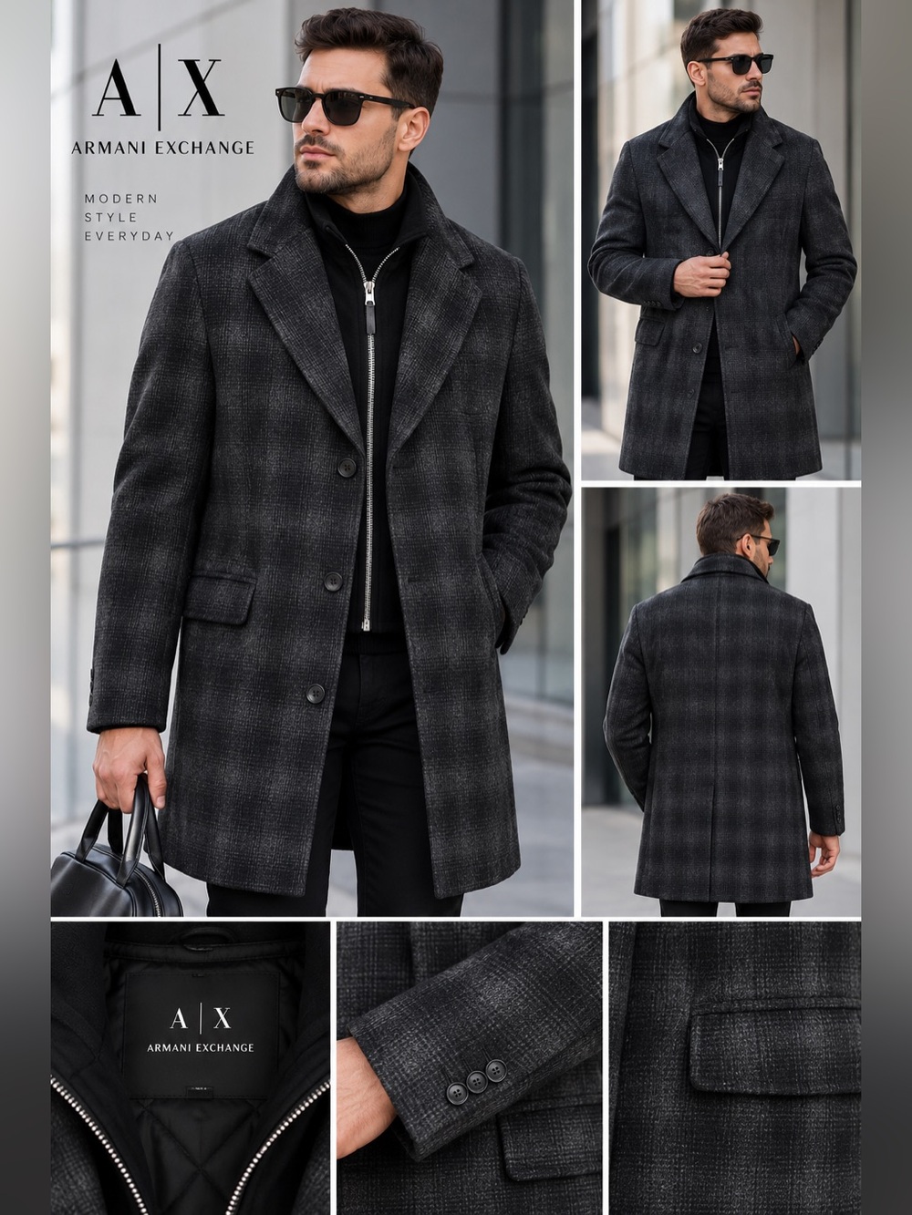 Armani Exchange Men's Charcoal Gray Plaid Overcoat Sz XL 46-48R
